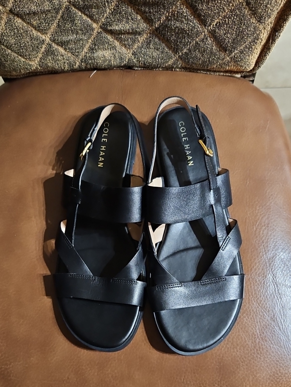 Cole Haan Fawn Black Leather Strappy Slingback Sandals Shoes - Picture 2 of 6
